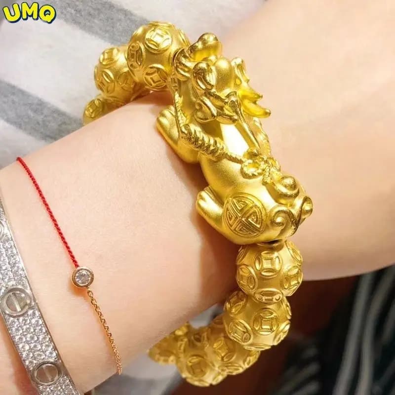 Braccialetto Pixiu placcato 100% oro reale 24k 999 consigliato per uomini e donne Fortune Transfer Obsidian Buddha Bead coppia pura 18K