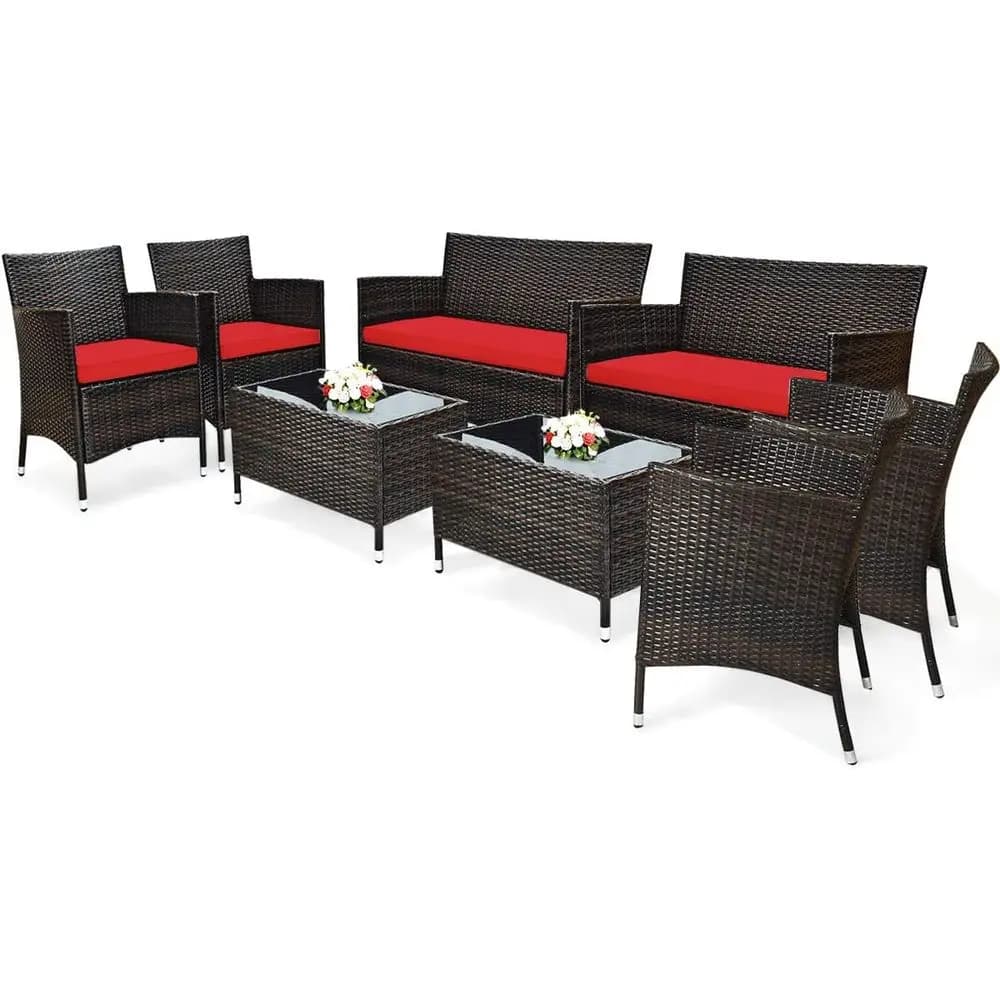 Set di mobili da giardino in rattan da 8 pezzi, sedie in vimini da esterno con tavolino, set con cuscini in rattan o set da balcone per giardino.