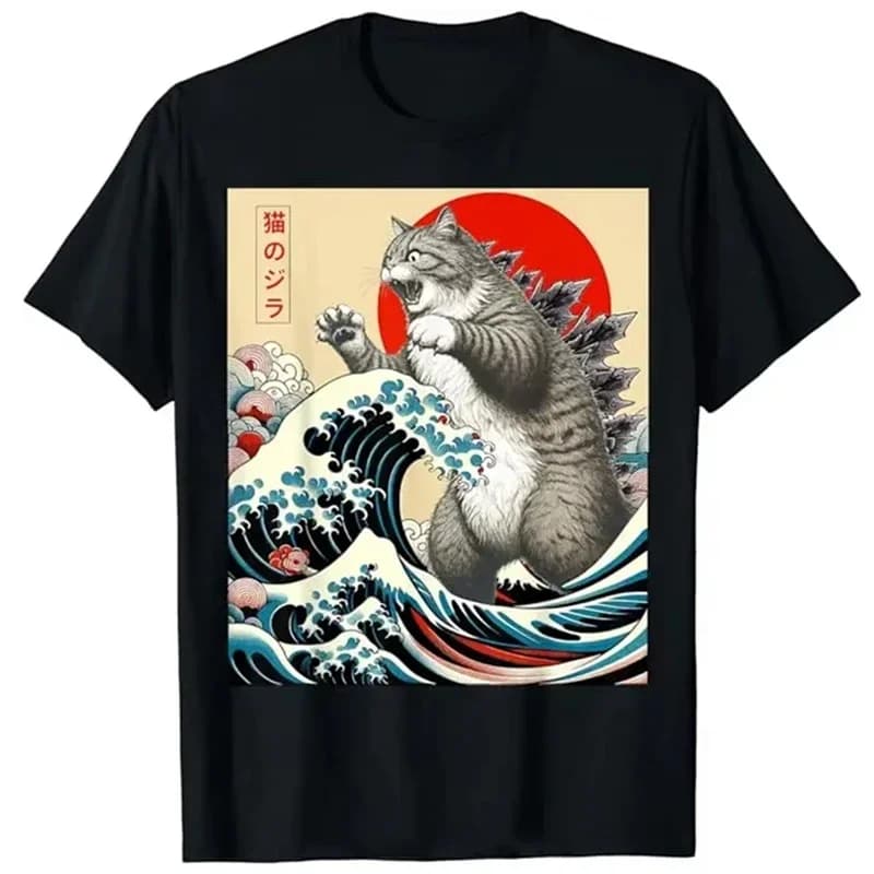 2025 Arte giapponese Catzilla Gatto Gatto divertente Regali per le donne T-shirt T-shirt in cotone unisex O-Collo Top Tees Moda Fitness T Shirt