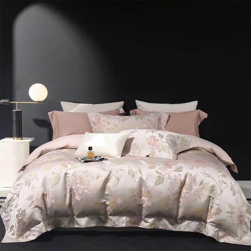 Set di Biancheria da Letto di Lusso in Cotone Egiziano con Jacquard Floreale, Copripiumino in Raso Setoso, Lenzuolo Piatto/Con Angoli, Federe, Misura King/Queen, 4 Pezzi