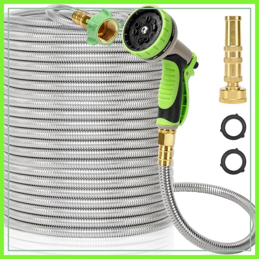 Metal Garden Hose 100FT, Stainless Steel Heavy Duty Water Hose with 10 Function Nozzle & Brass Nozzle, Sturdy, Lightweight, No Kink, Easy Use & Store