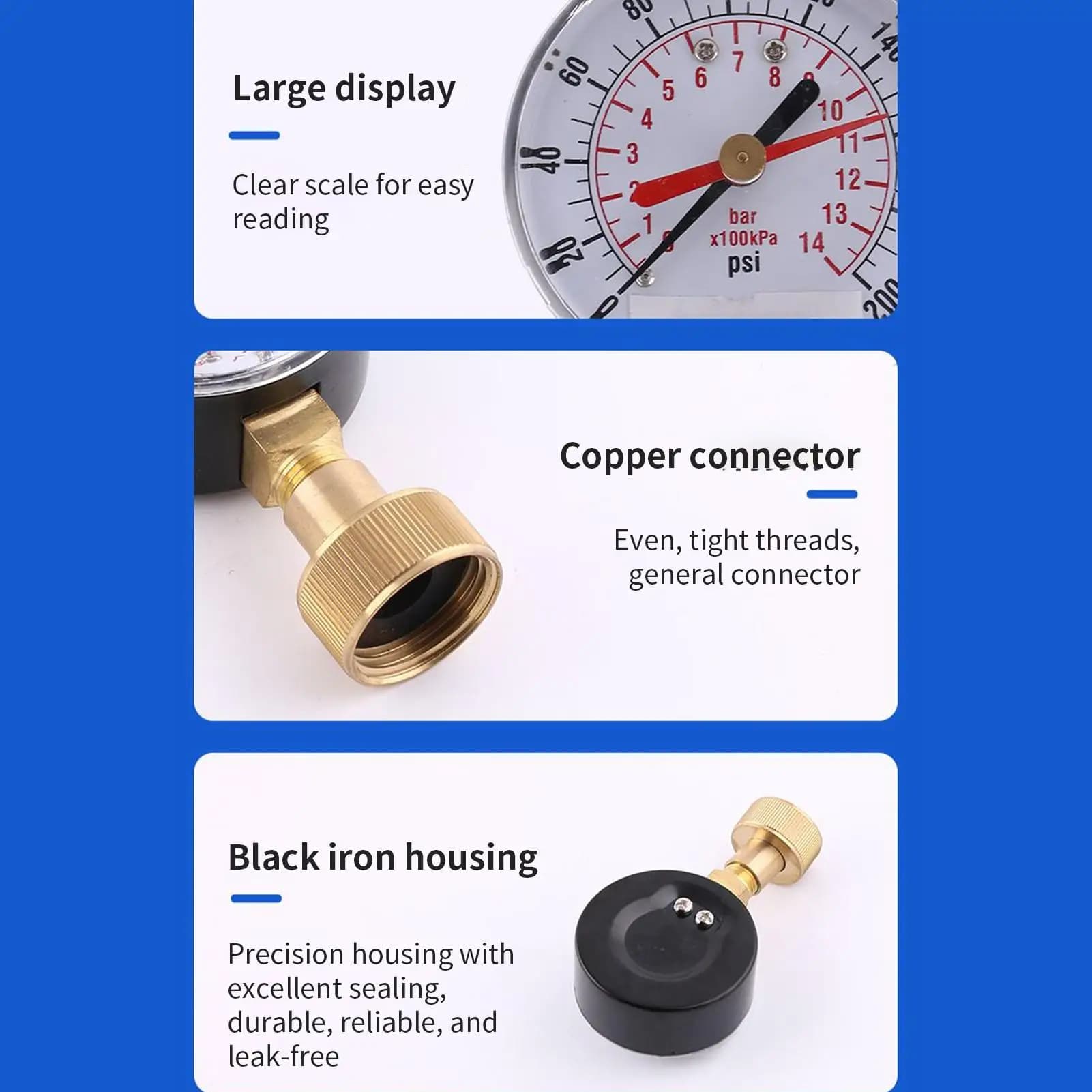 0-200 PSI Water Pressure Gauge Garden Pipe Meter 3/4 Inch Threaded Meter for Irrigation System Domestic Outdoor Kitchen Courtyard