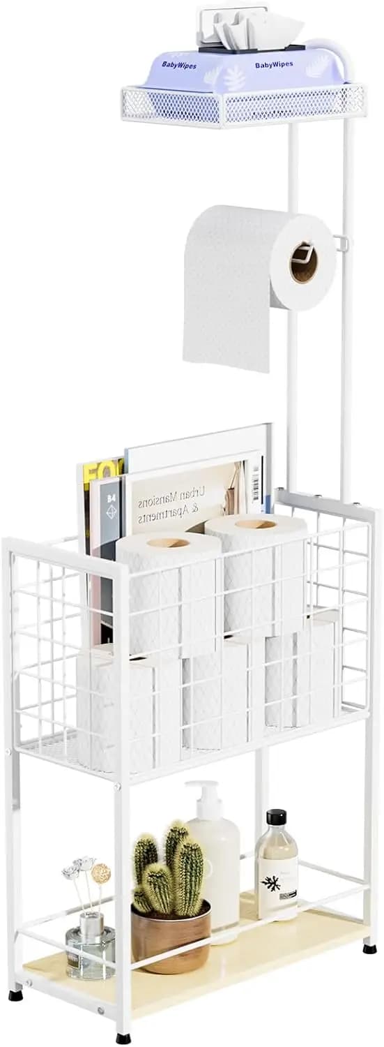 Portarotolo da Terra a 4 Ripiani con Mensola, Scaffale per Bagno per Rotoli e Accessori, Bianco