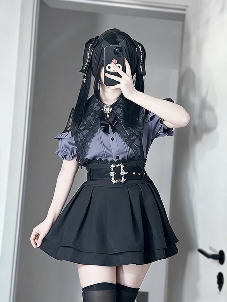 Gothic Style Shoulder Bared Shirt And High Waist Skirt Two Piece Set for Women Summer College Style Small Size Set