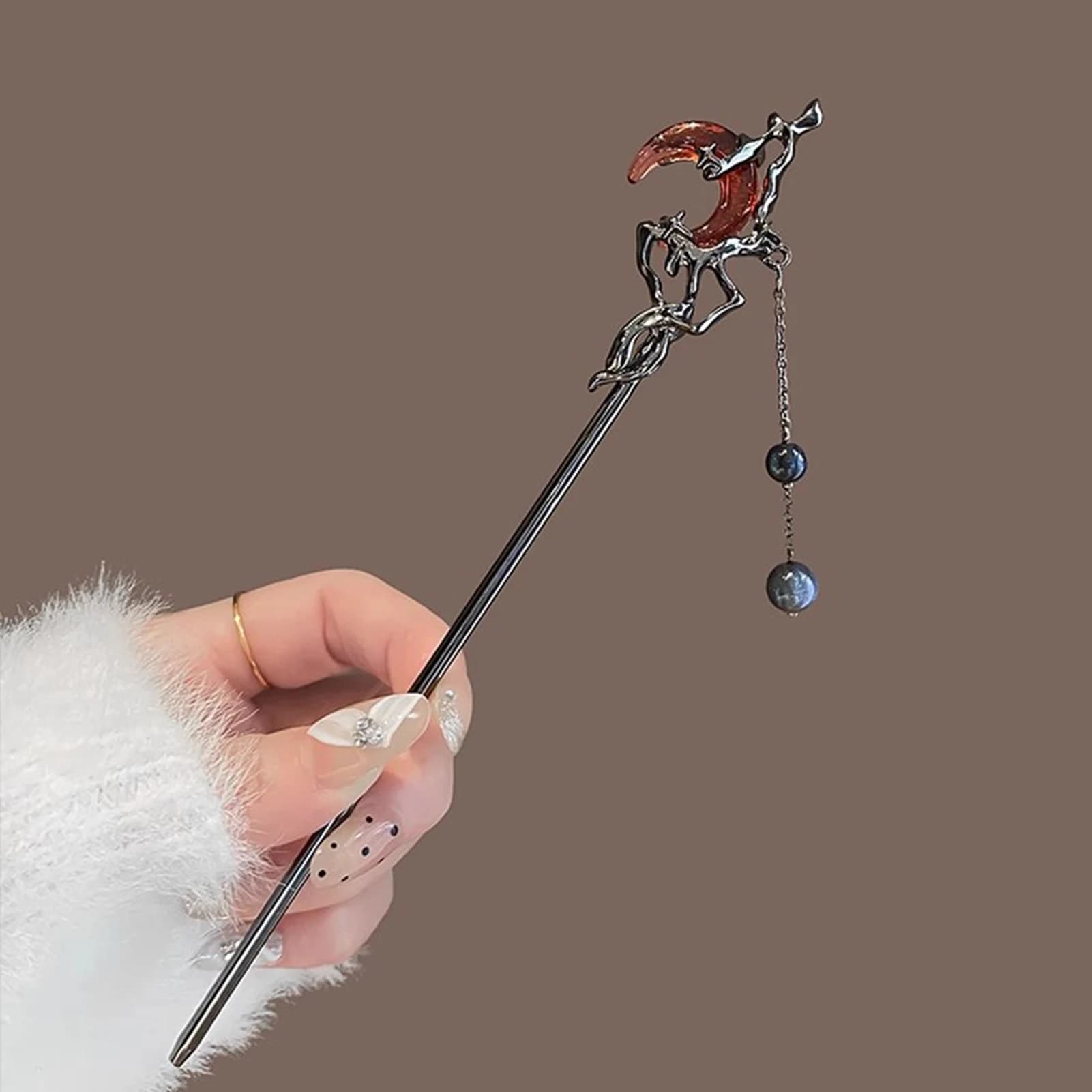 Alloy long hair clip with red moon tassel for women, elegant decorative accessory for weddings and special events