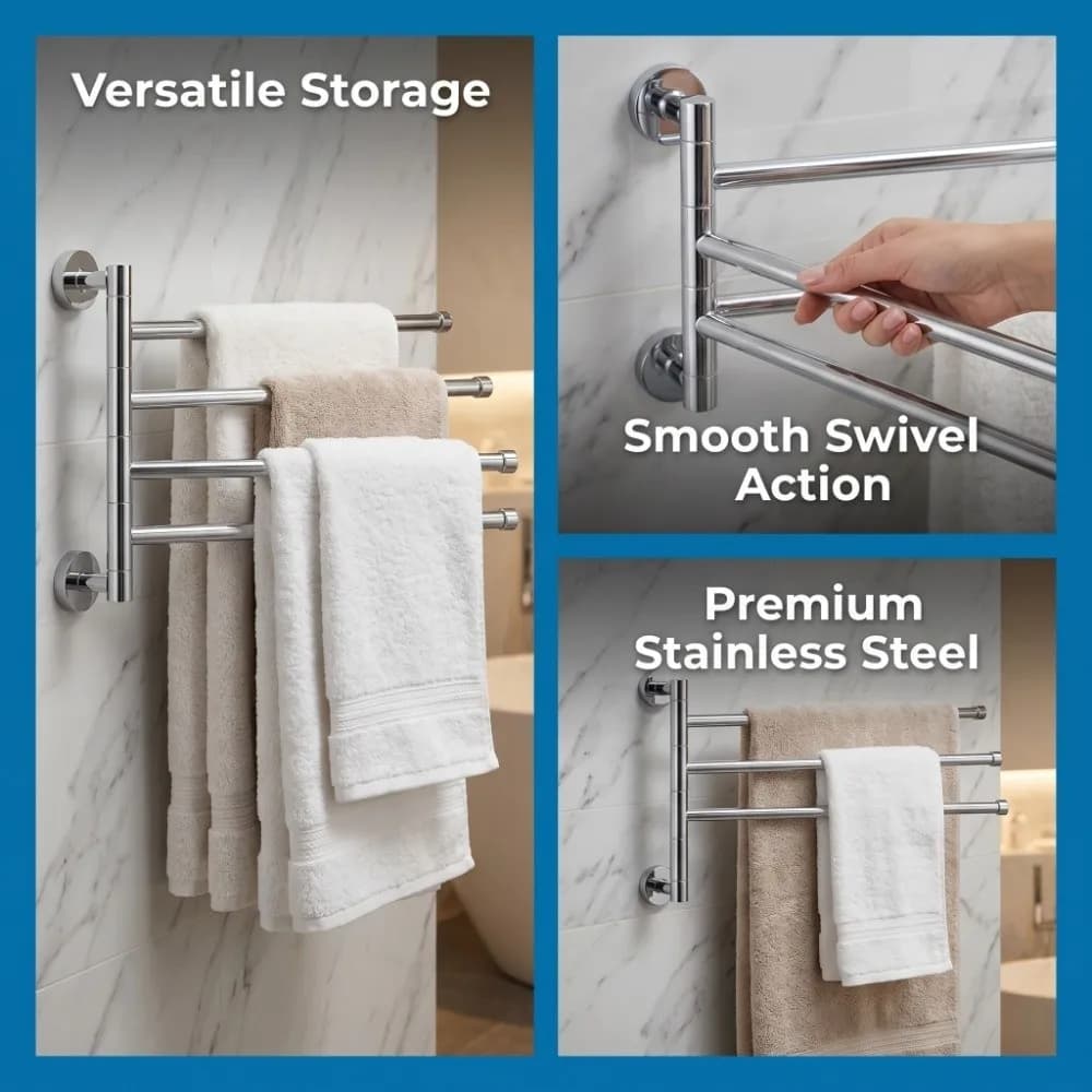 Stainless Steel Rotating Towel Bar Chrome Finish Space Saving Swivel Towel Rack Wall Mounted Modern Swing Out Towel Holder