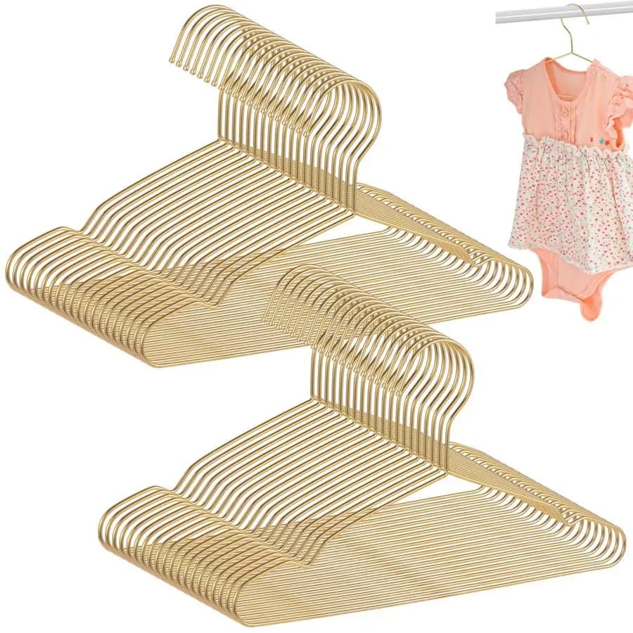 Small golden coat hangers for clothes, 12.6 inch, durable metal coat hangers, space saving clothes hangers with non-slip straps