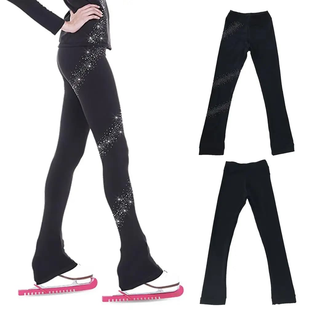 Pantaloni eleganti da pattinaggio artistico su ghiaccio con compressione di pattini con strass