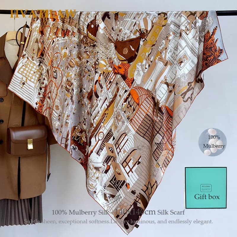 Sciarpa 100% Pura Seta 140x140cm, Foulard Quadrato Extra Large, Lussuoso ed Elegante Coprispalle in Seta, Hijab, Bandana da Donna, Pashmina, Poncho, Confezione Regalo