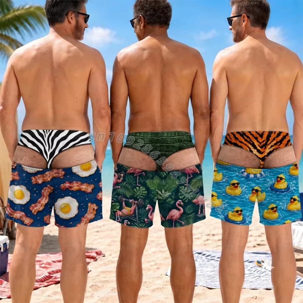Summer Men Funny Cartoon Hot Dog 3D Print Board Shorts Quick‑Dry Drawstring Trunks Fun Yellow Duck Novelty Beach Men Shorts S