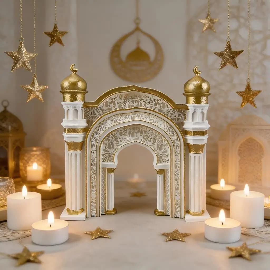 Decorazione islamica del Ramadan Arco della moschea Ornamento con portacandele Eid Mubarak Decorazione della casa Festival musulmano Ornamento da tavolo