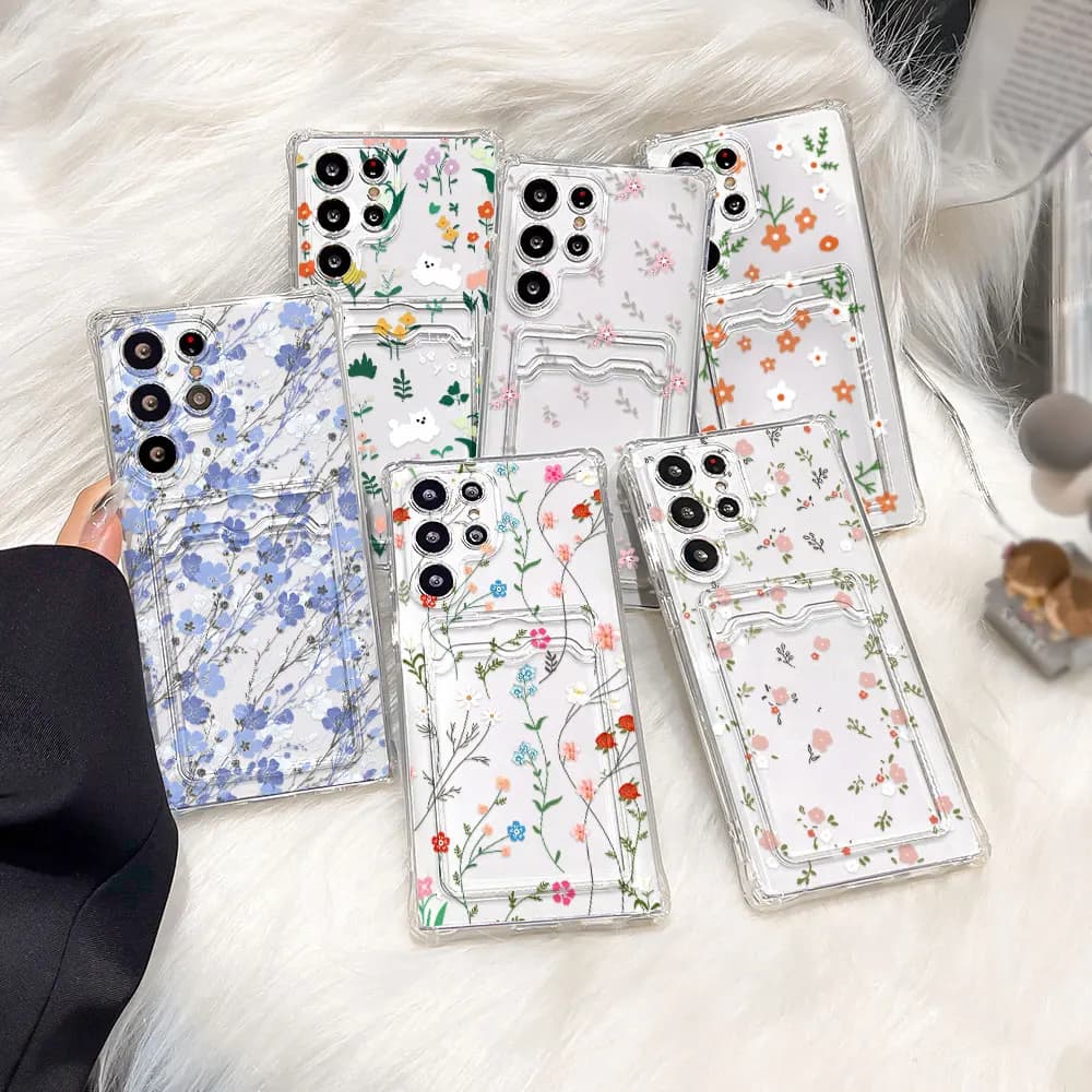 Card Holder Flower Phone Case For Samsung Galaxy S25 Ultra Funda S24 Plus S23 FE S22 Ultra Shockproof Card Slot Silicone Cover