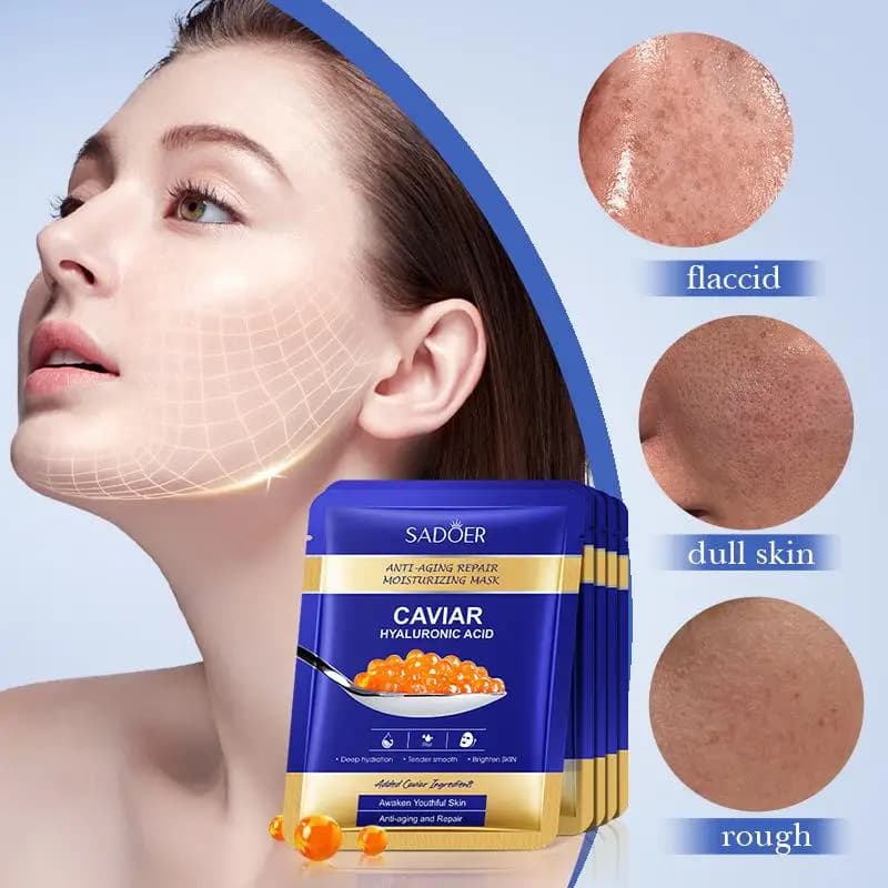 Set of 10 Hydrating Face Masks SADOER to Cavial and Hyaluronic Acid - Products for Skin Care Illuminating, Rassodants and Hydrating