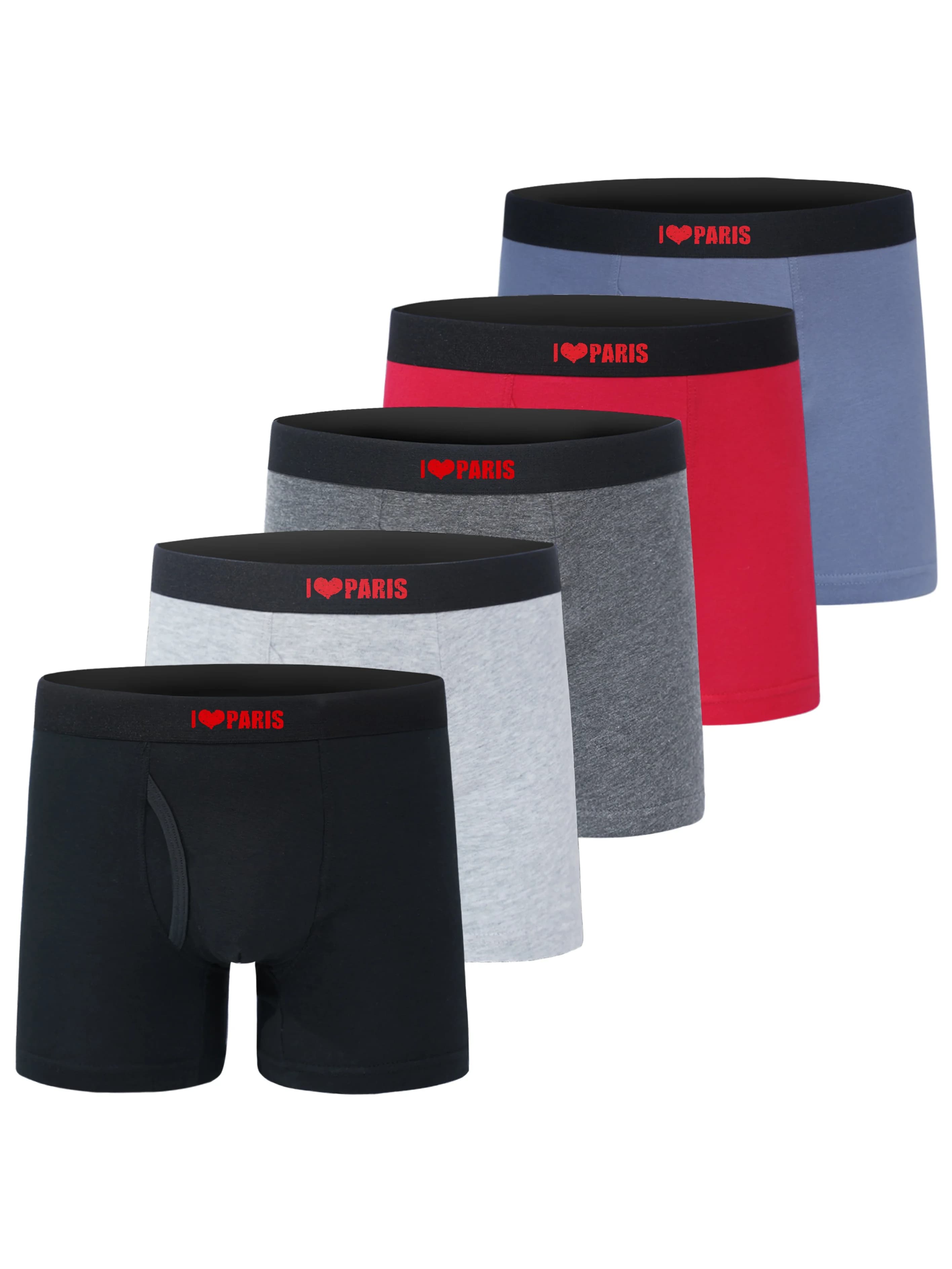 5 Pack 95% Cotton 5% Elastane Boys Open Fly Boxer Briefs I Love Paris Letter Print Kids Soft Underwear For Boys