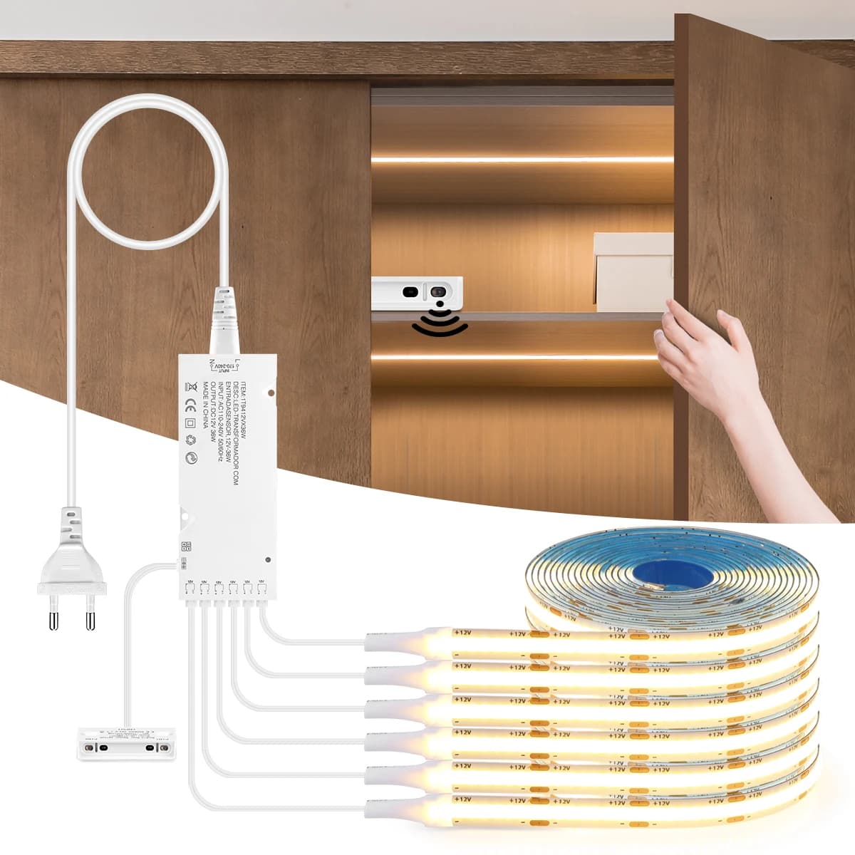 Controllo porta COB Striscia LED Luce per armadio Sensore di prossimità IR AC 220V a DC 12V Spina standard europea Lampada per armadio intelligente