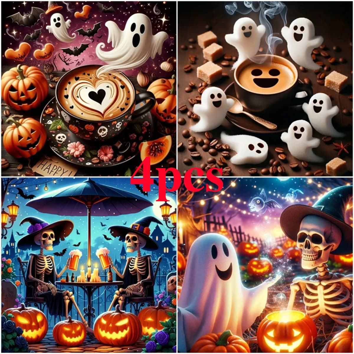 1 set di 4 pezzi diversi set di pittura con diamanti con motivo fantasma di Halloween, con diverse dimensioni tra cui scegliere