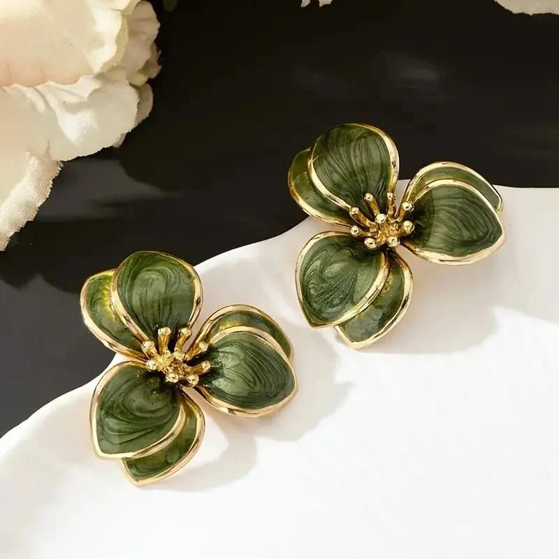 Huitan Green Enamel Flower Stud Earrings for Women Aesthetic Double Layer Floral Earrings Wedding Party Female Trendy Jewelry