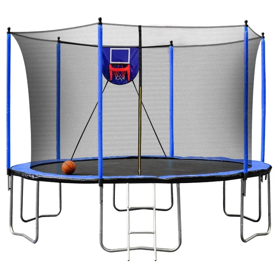 Trampolino da 15FT con canestro da basket, gonfiatore e scaletta, 6 pezzi extra: rete di sicurezza e copripali - Blu