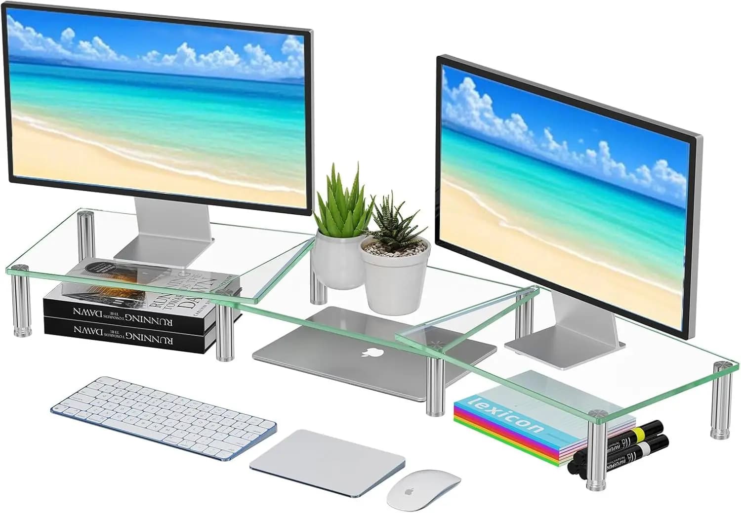 Supporto per Doppio Monitor, Organizzatore da Scrivania per 2 Schermi con Vetro Temperato, Lunghezza e Angolazione Regolabili