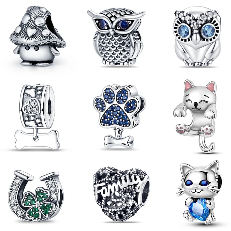 925 Color Silver Fungus Owl Animal Cat Bone Pendants and Beads Size Pandach 925 Original Bracelets Fine FAI FROM YOU Birthday Gifts Jewelry