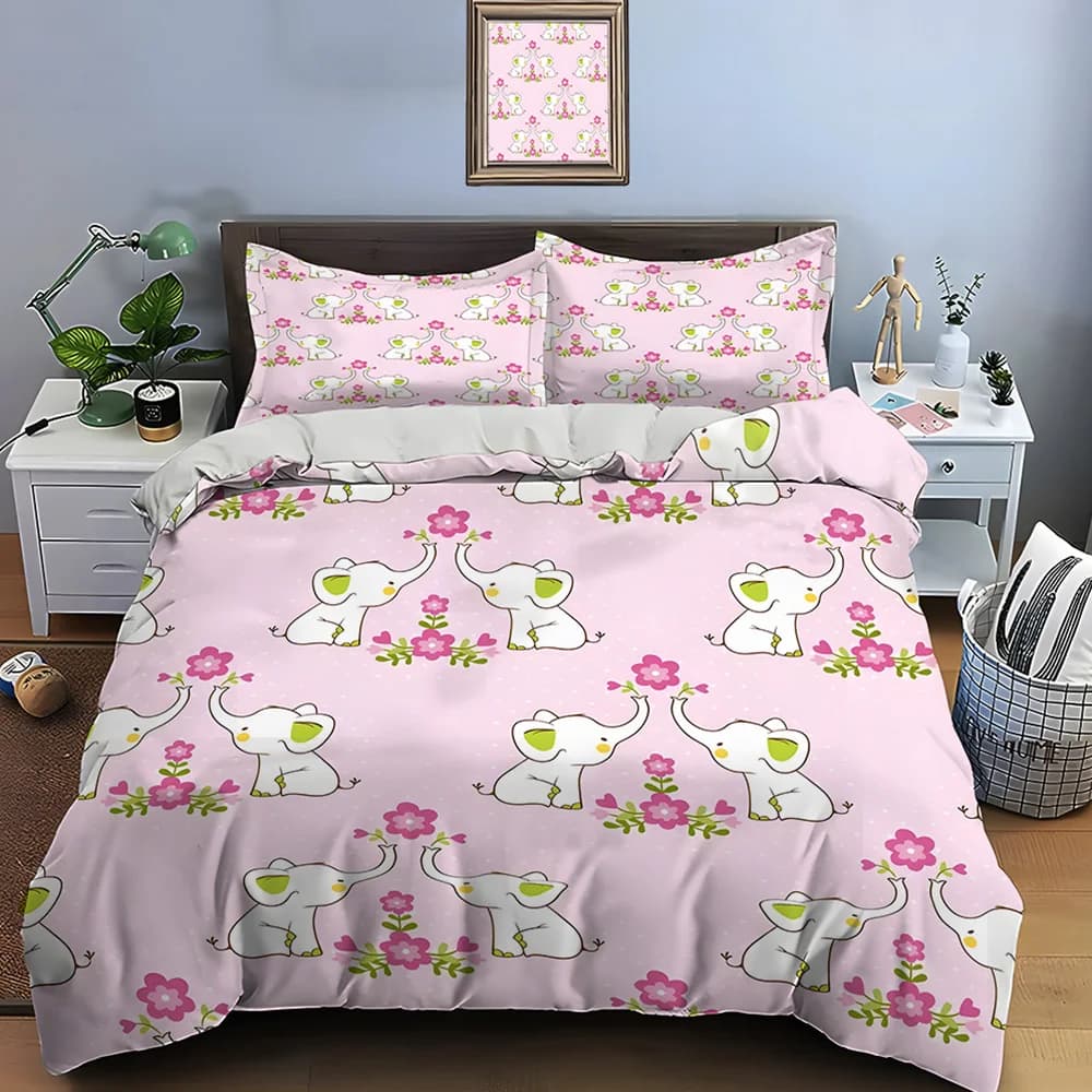 Set copripiumino con motivo elefanti rosa dei cartoni animati e fiori, set biancheria da letto in poliestere con stampa digitale e chiusura con cerniera, per regali per bambini