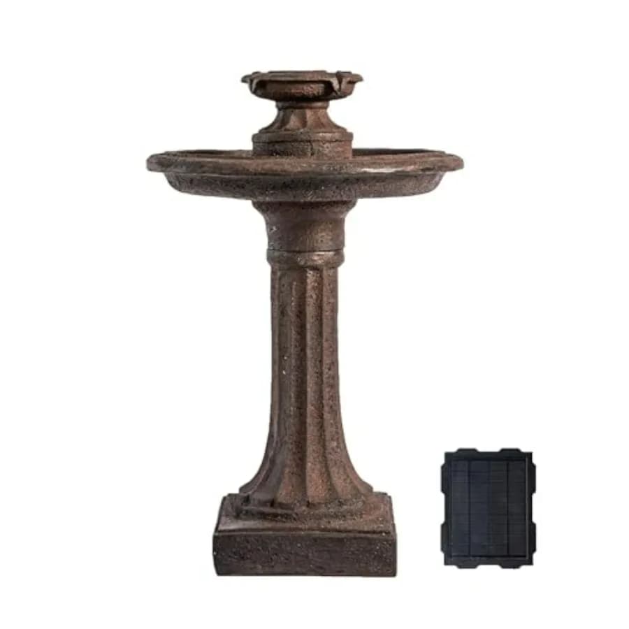 Fontana Solare per Vasca per Uccelli da Esterno a 1 Livello, 28 LED, in Resina con Pompa a Pannello Solare, Marrone