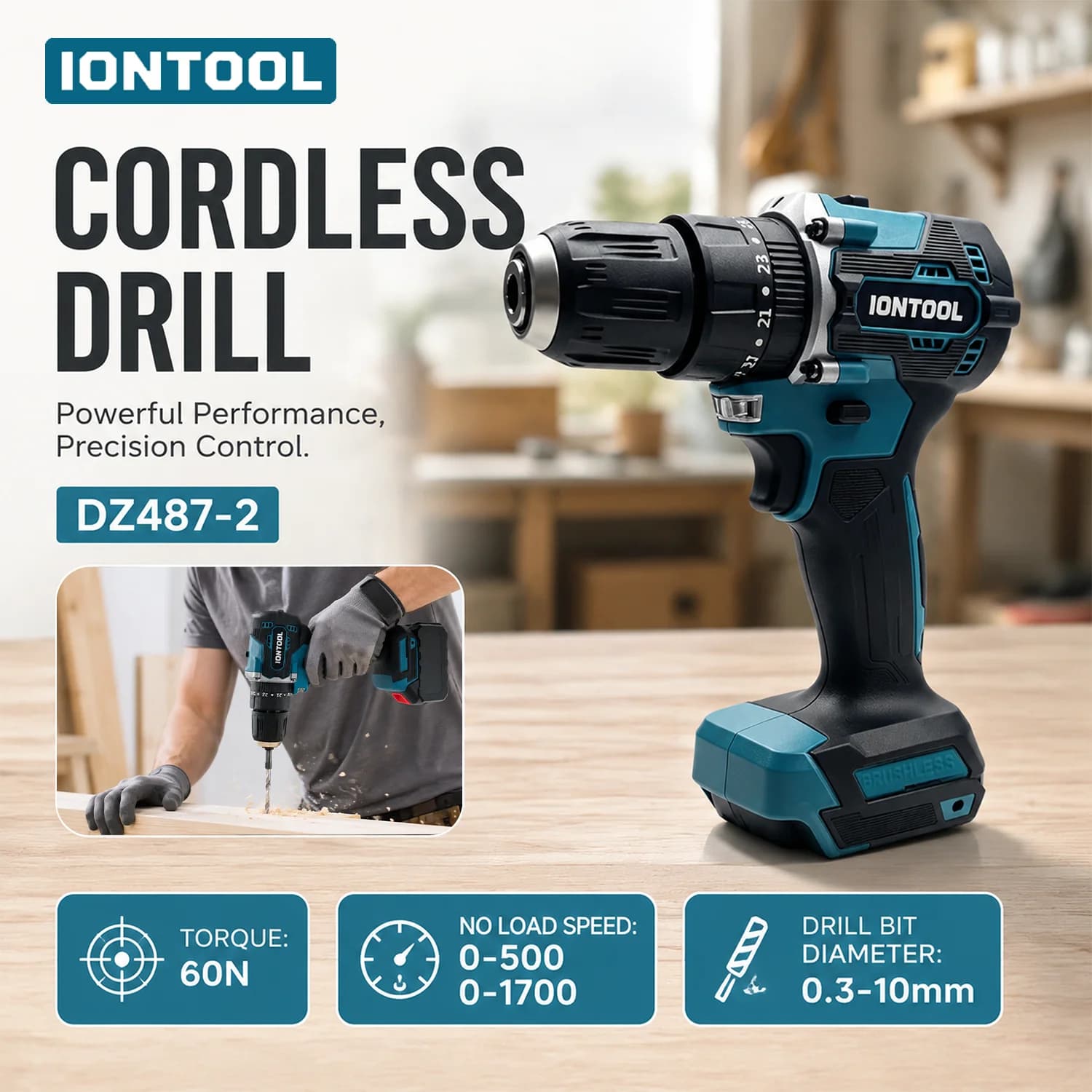 IONTOOL Compact Brushless Cordless Drill Driver 60N.m 10mm Chuck Portable Hand Power Tool for Wood Drilling Screw Fastening Jobs