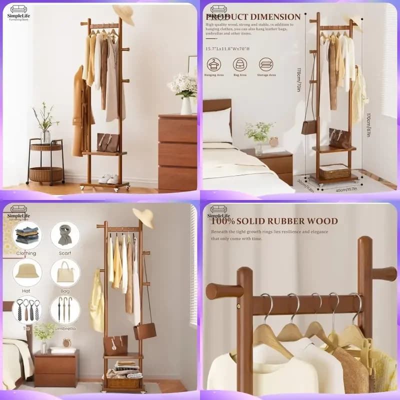 Heavy Duty Wooden Coat Rack with Hat Hooks and Wheels Freestanding Clothes Hanger Stand Mobile Bathroom Storage Organizer