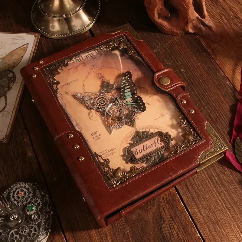 Butterfly Relief Vintage Notebook Gift PU Leather A5 Binder DIY Journal Diary Fire Lacquer Seal Feather Pen Medieval Gift