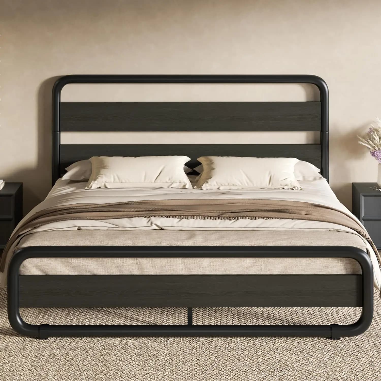 Struttura letto matrimoniale in metallo con testiera in legno, piattaforma robusta con spazio contenitivo sotto il letto da 25 cm, silenziosa, nera