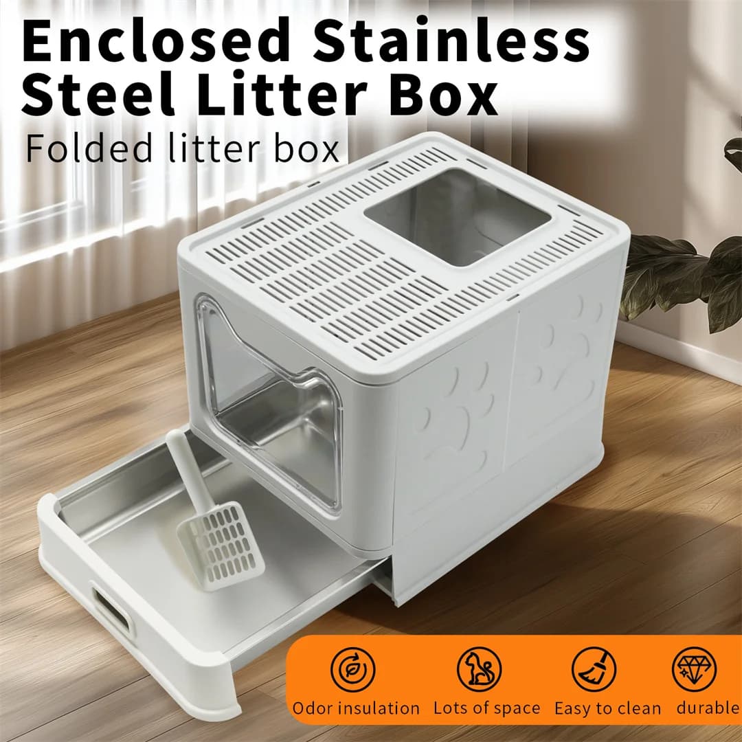 Large Gray Stainless Steel Cat Litter Box with Scoop And Detachable Drawer Odorless Clear Window for Cats