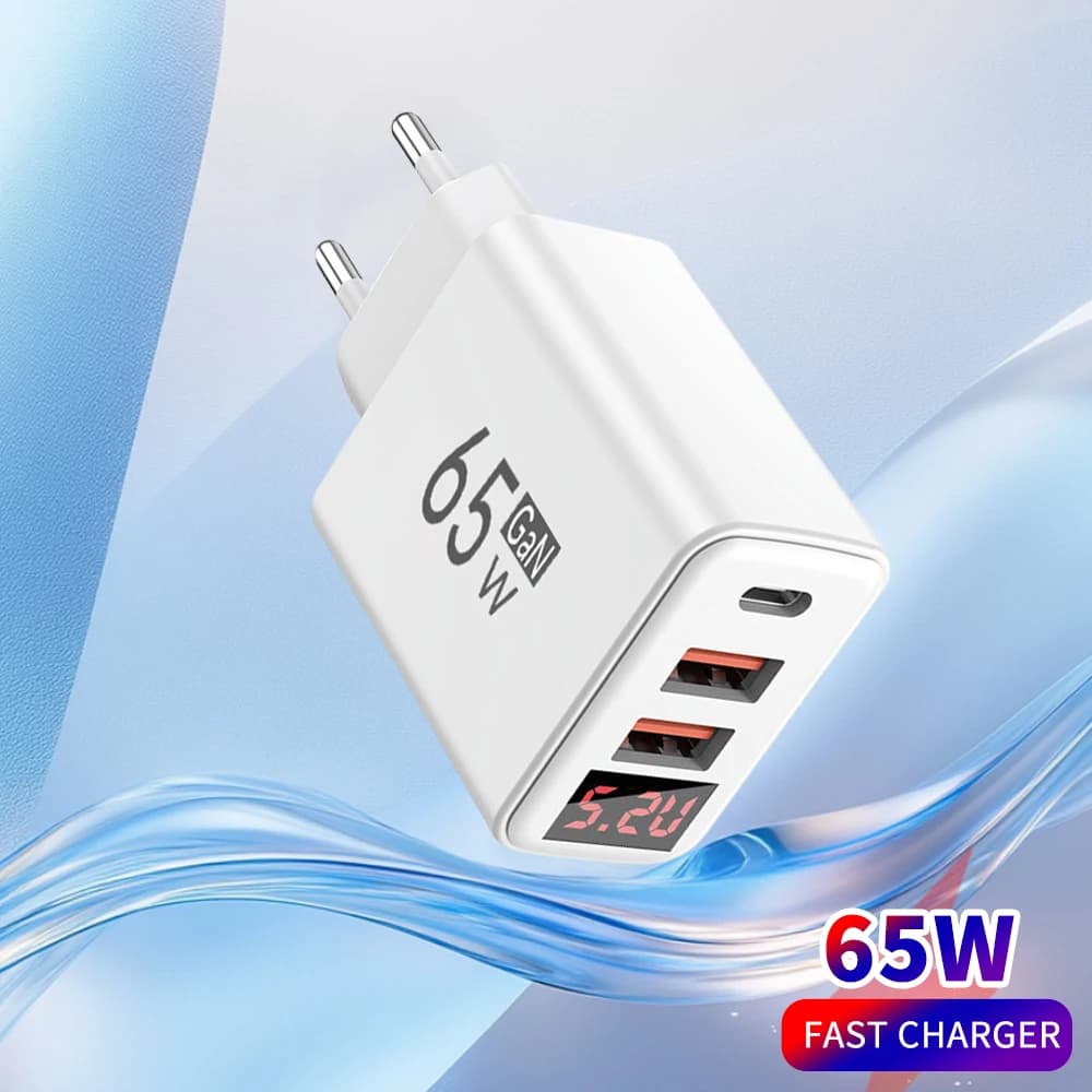 65W GaN USB C Charger 3 Port Fast Charging Digital Display Phone Charger For iPhone 16 15 Samsung Xiaomi EU/US Plug Wall Adapter