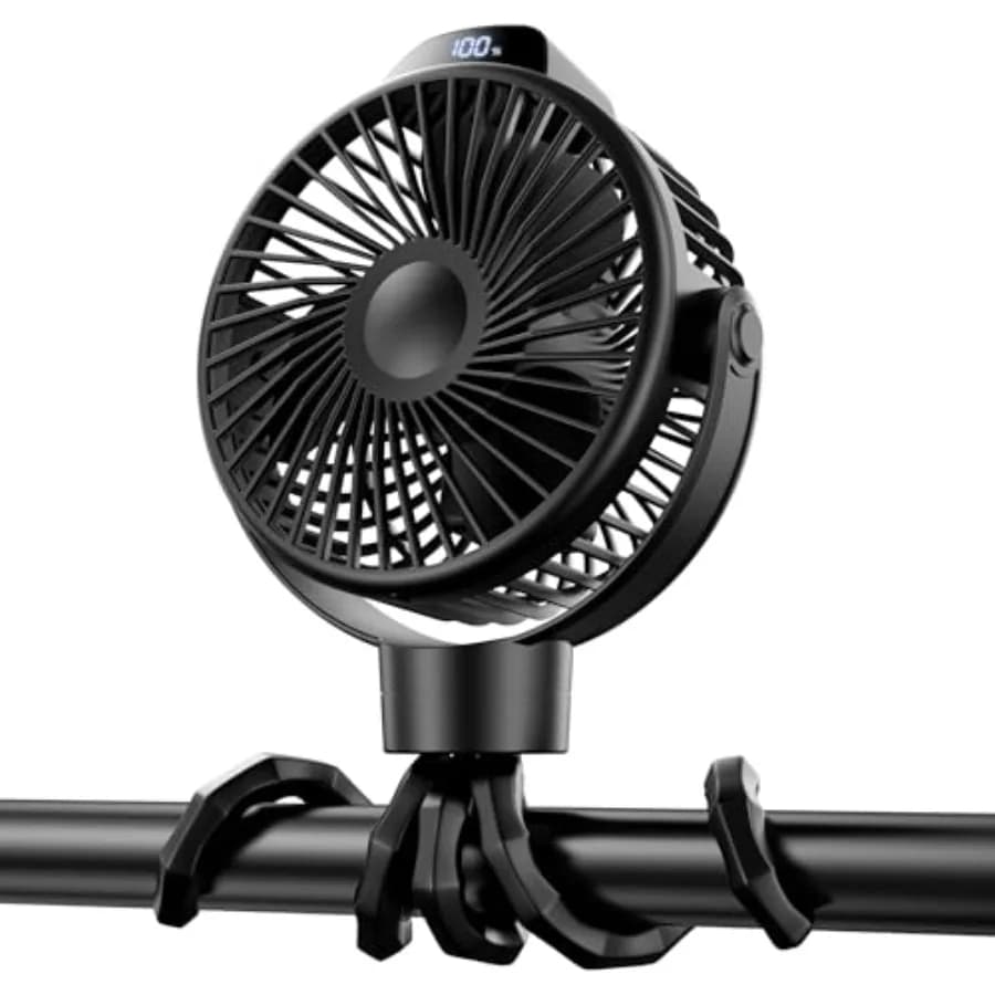 Portable Stroller Fan for Baby, Rechargeable Battery Operated, 3 Speeds, 360° Rotation, 25db Low Noise, Digital Display, Detach