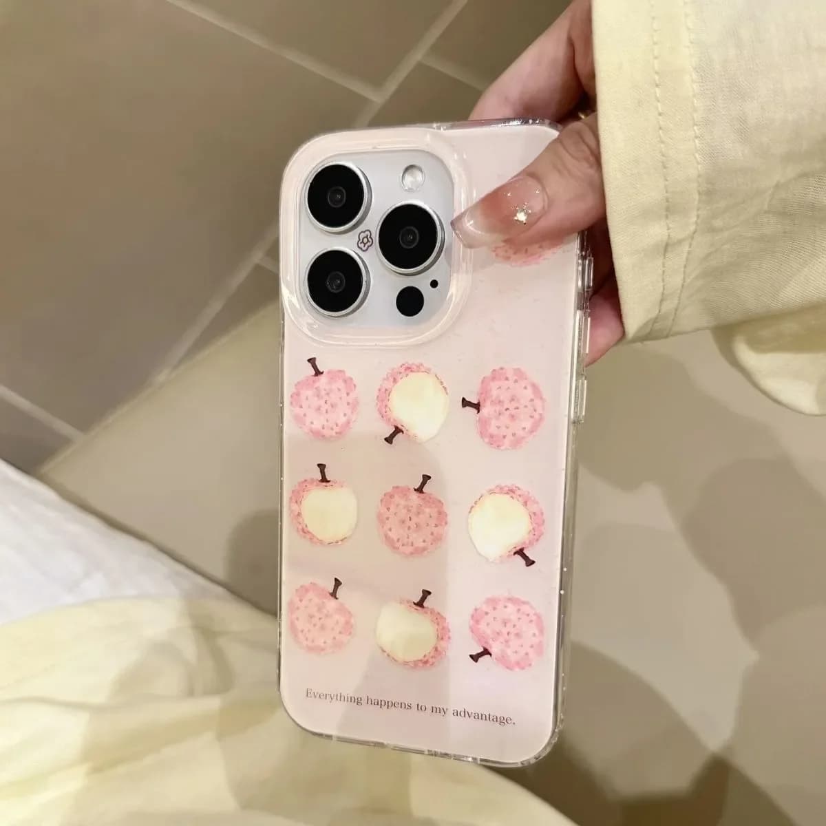 Y2K phone case with litchi pattern and cartoon, Korean style, artistic, pink, oil painting effect, for iPhone 17 16 15 14 13 12 11 Pro Max