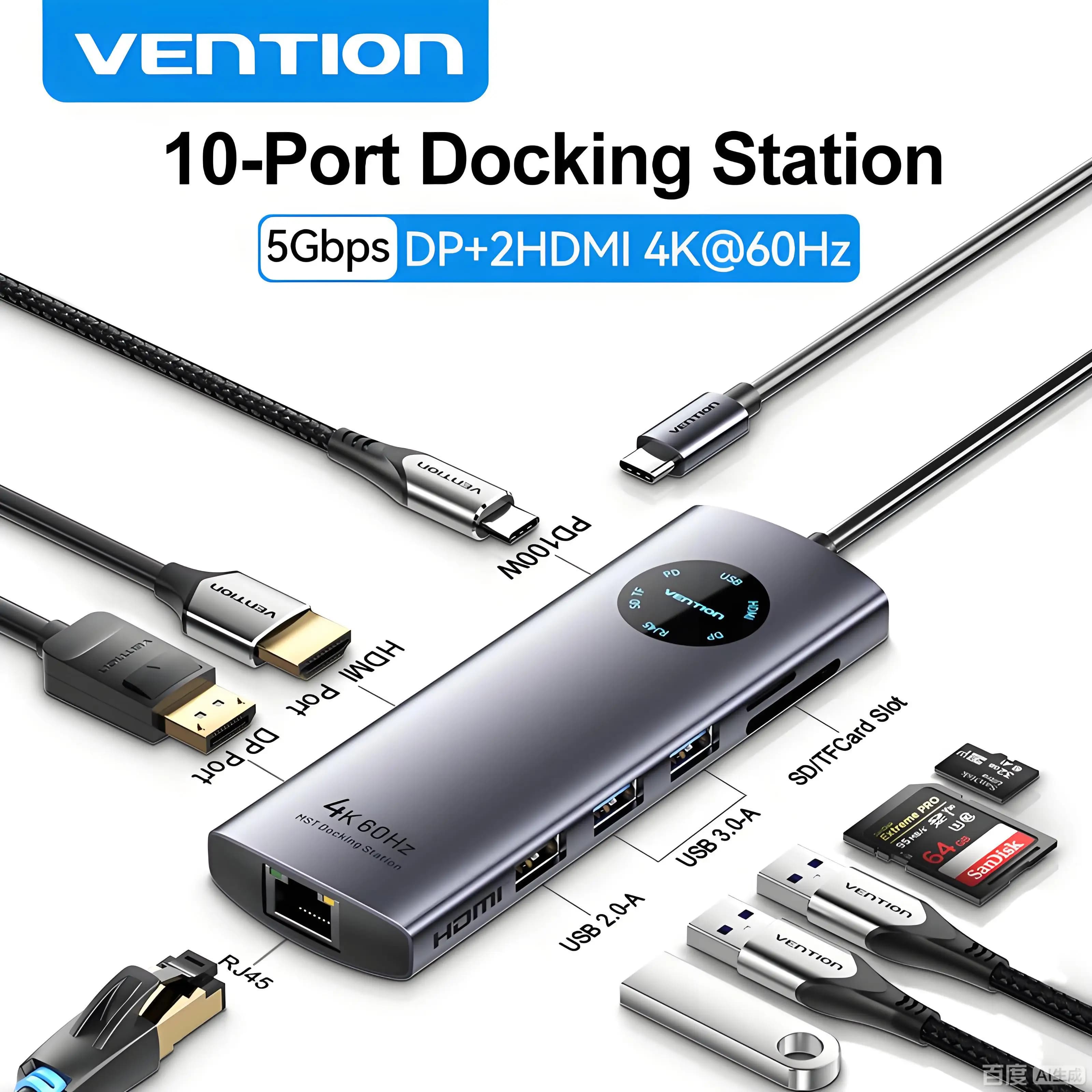 Vention 10 in 1 HUB USB HDMI DP 4K @ 60Hz RJ45 Splitter Adapter Type C HUB 3.0 PD 100W Charger Docking Station for MacBook Laptop