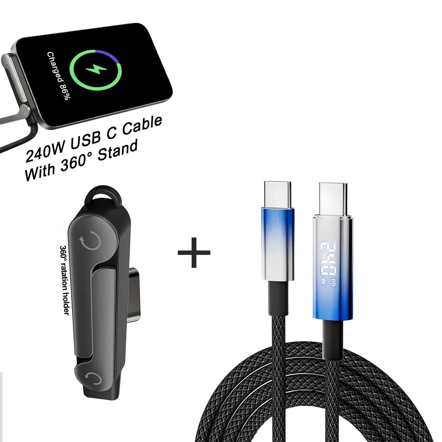 Cavo USB Type-C con Display Digitale 240W per Ricarica Rapida e Trasferimento Dati, con Supporto Pieghevole per Telefono, Compatibile con iPhone 17 16 Samsung S26