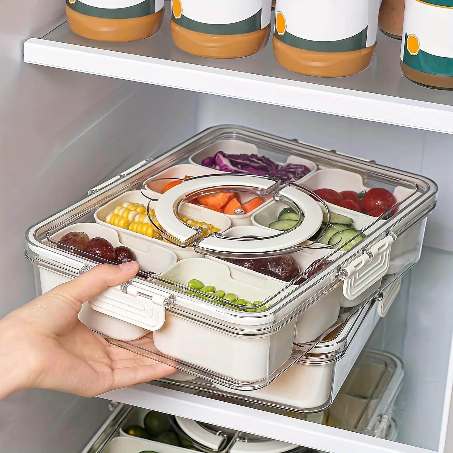 2-Piece Set: 4/8-Compartment Container with Clear Lid, Portable Sectioned Snack Tray. Four-sided Snap-lock PP Transparent