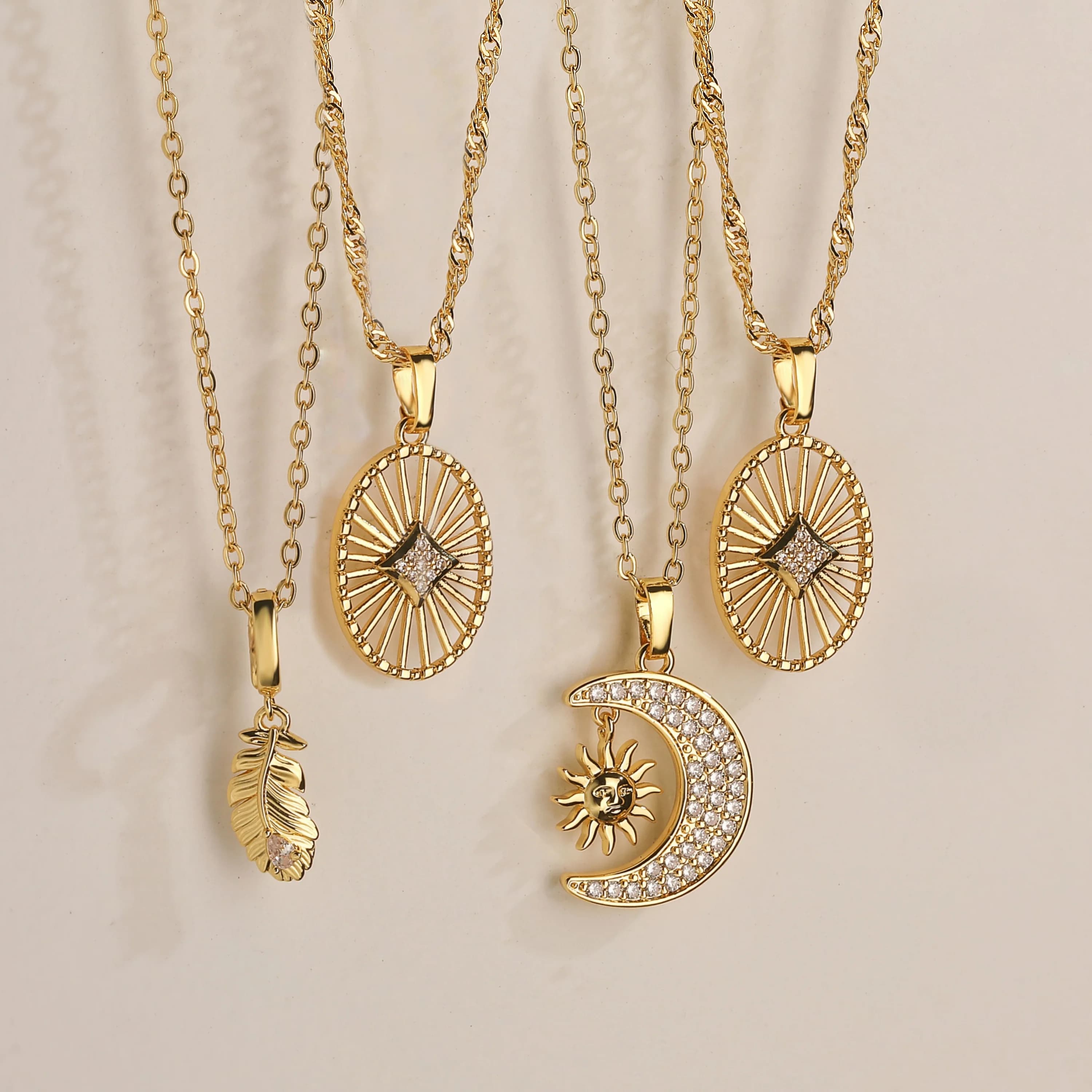 Dreamcatcher/Sun & Moon/Feather Charm Necklace Minimalist, Vintage-Style Metal-Finish Charm Jewelry Unisex Couple's Necklace