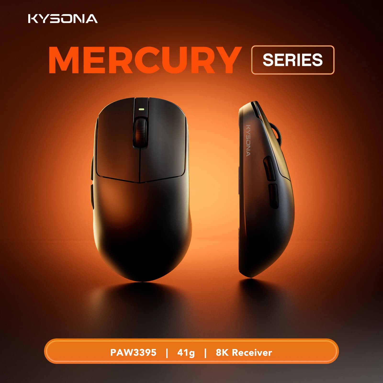 Mouse da gioco KYSONA Mercury Pro con sensore PAW3395, batteria da 500mAh, Bluetooth, ergonomico, 26K DPI, 41g, leggero, wireless, per PC