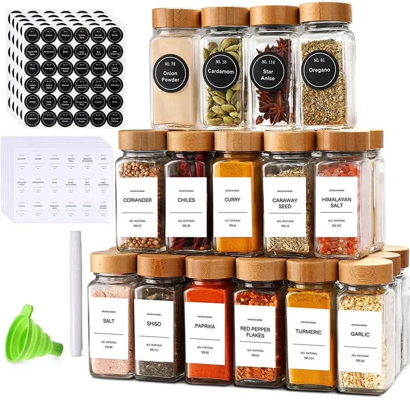 Set di 12 Barattoli in Vetro per Spezie con Coperchio, Organizzatore per Cucina, Contenitori per Spezie