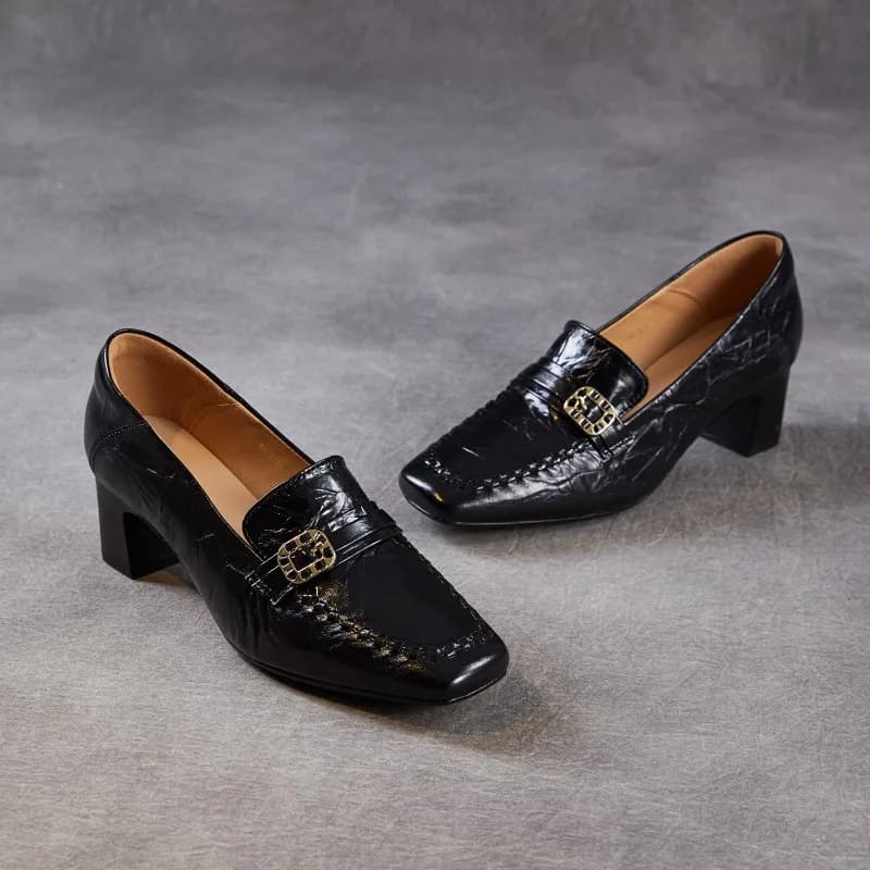 Mocassini da Donna in Vera Pelle di Pecora con Tacco Largo 5 cm, Punta Quadrata, Casual, per Ufficio, Primavera/Autunno