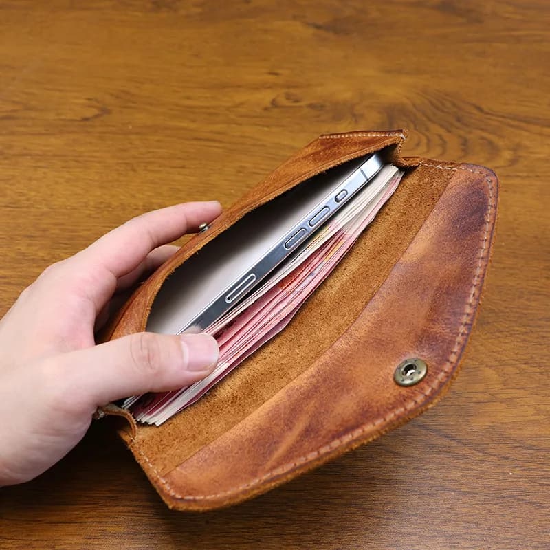 Thickened Full Cowhide Vintage Long Wallet Large Capacity Handbag Unisex Mobile Phone Bag American Retro Style Envelope Shape