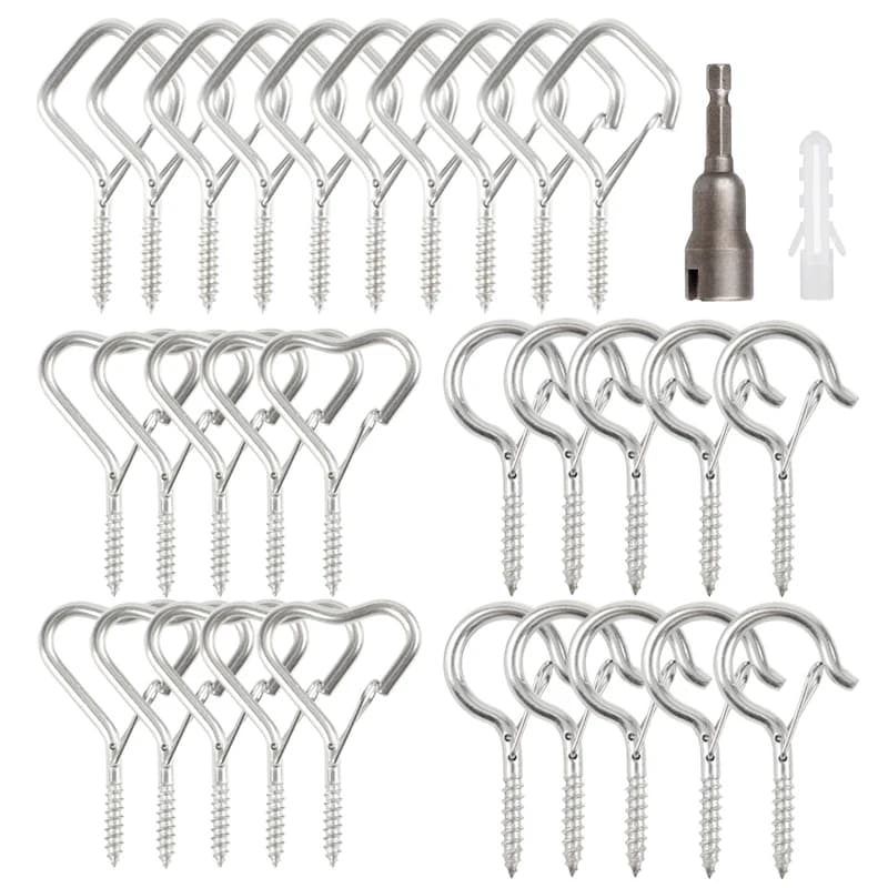 12/20PCS Q-Hanger Ganci a vite Ascolta ganci a soffitto per appendere piante con fibbia di sicurezza Ganci per luci a corda per esterni in acciaio inossidabile