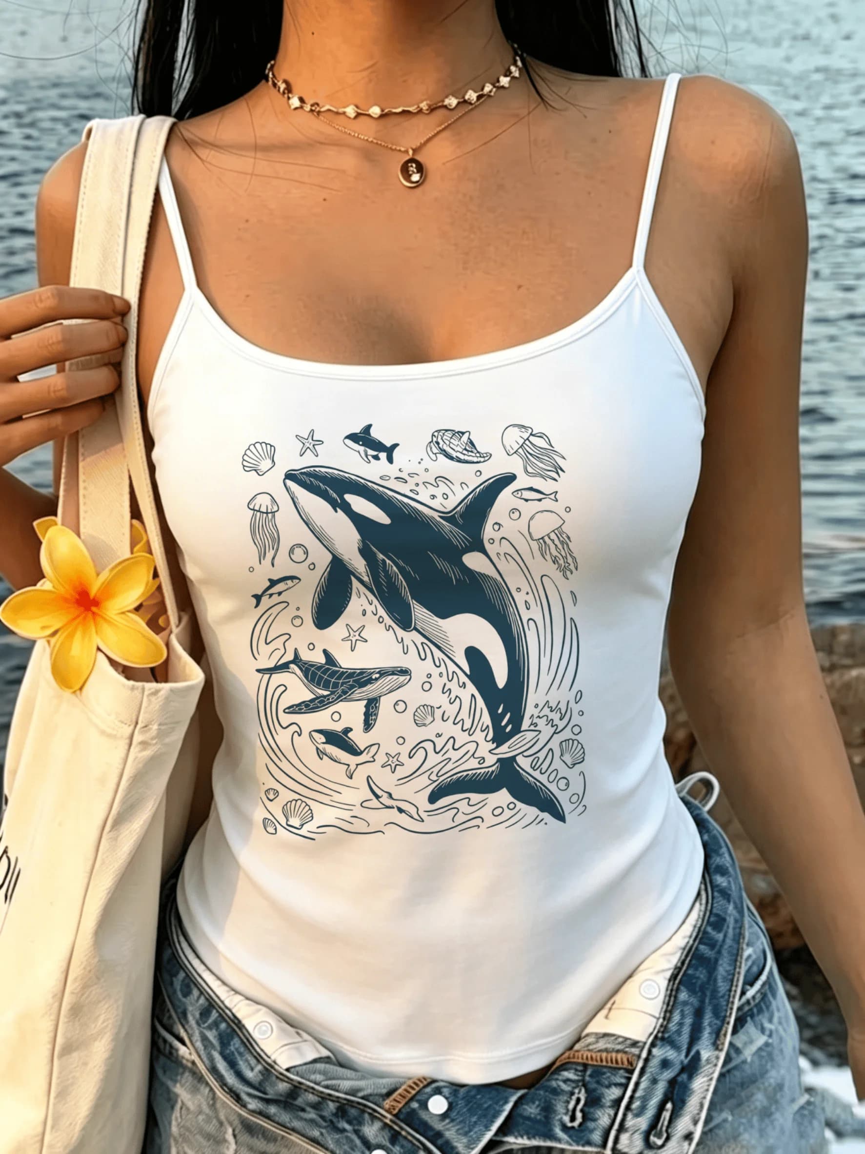 Vintage Ocean Orca Marine Life Illustration Spaghetti Strap Camisole Women Sleeveless Tank Top Seaside Holiday Casual Vest