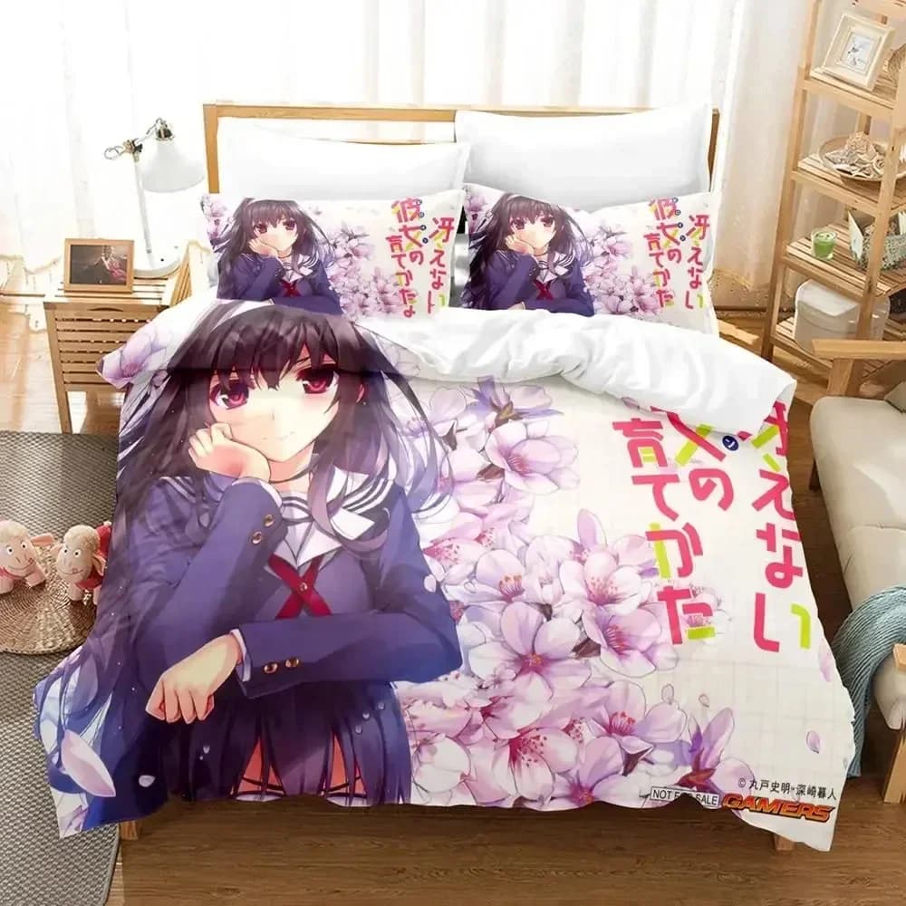 Set di biancheria da letto stampato 3D Anime Saenai Heroine no Sodatekata Megumi Kato, copripiumino, federa, lenzuola, copriletto