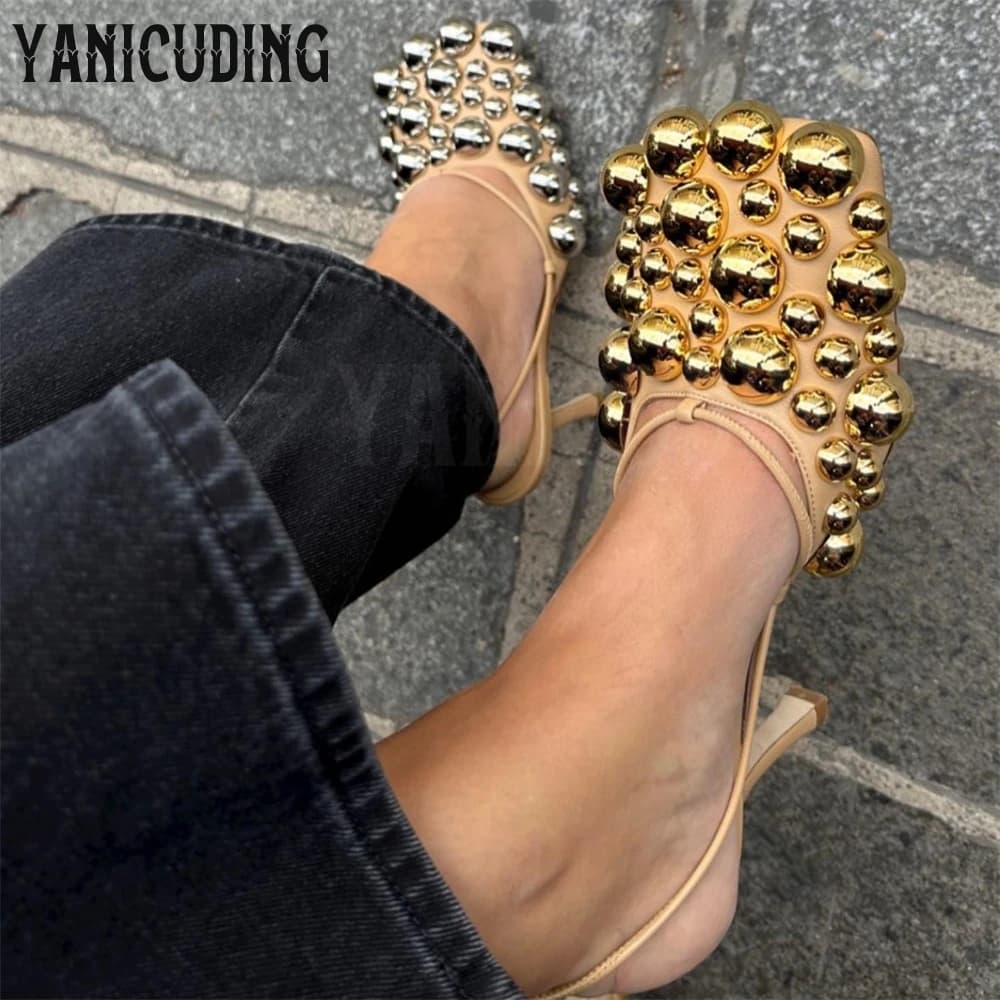 Metallic Bubbles Strappy Sandals Beige Leather Novelty High Heels Silver Gold Rivet Embellished Summer Shoes Square Toe Sandals