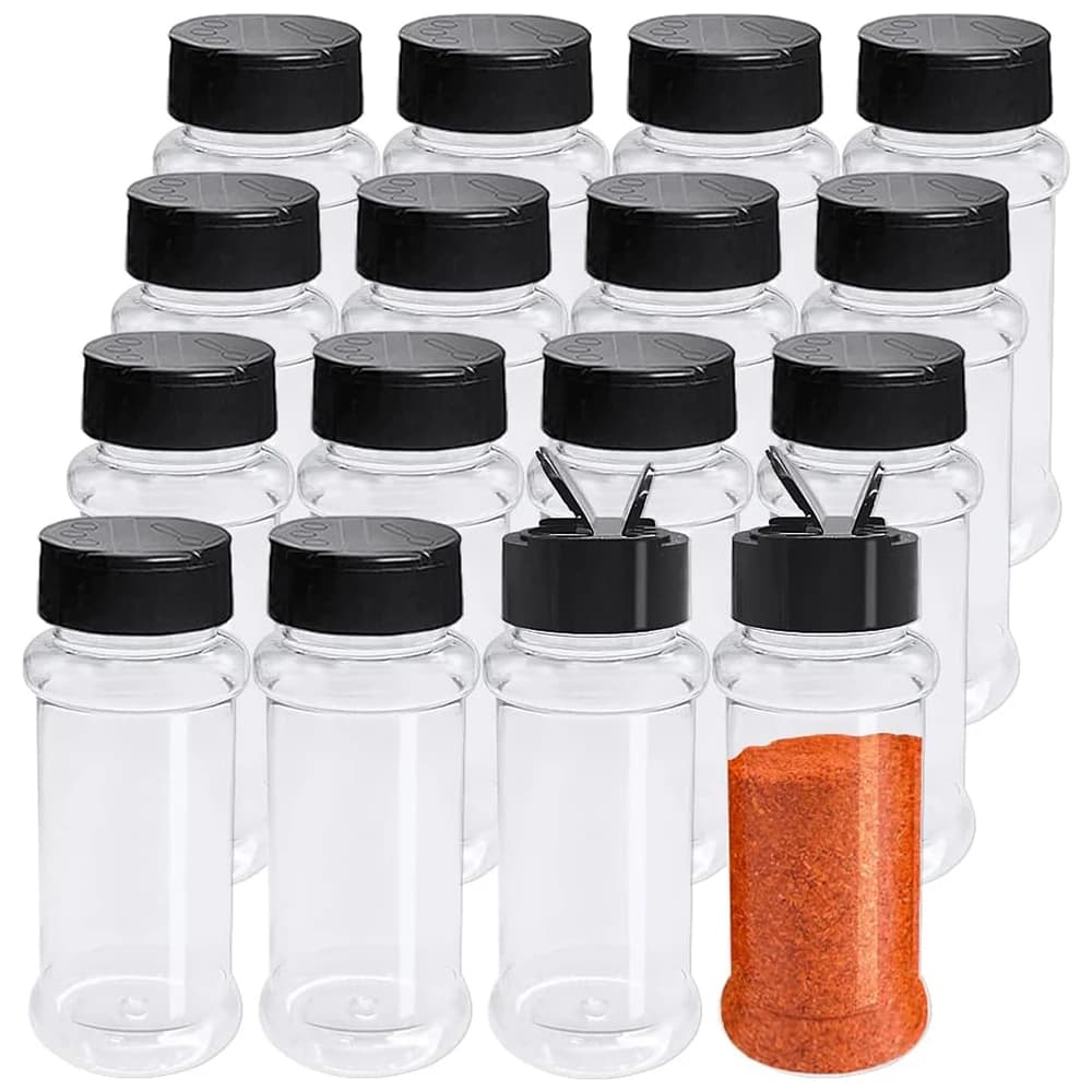 Set di Bottiglie in Plastica per Spezie da 3.4oz/100ml, Contenitori Vuoti per Condimenti con Tappo Nero, Barattoli Trasparenti Riutilizzabili per Spezie ed Erbe