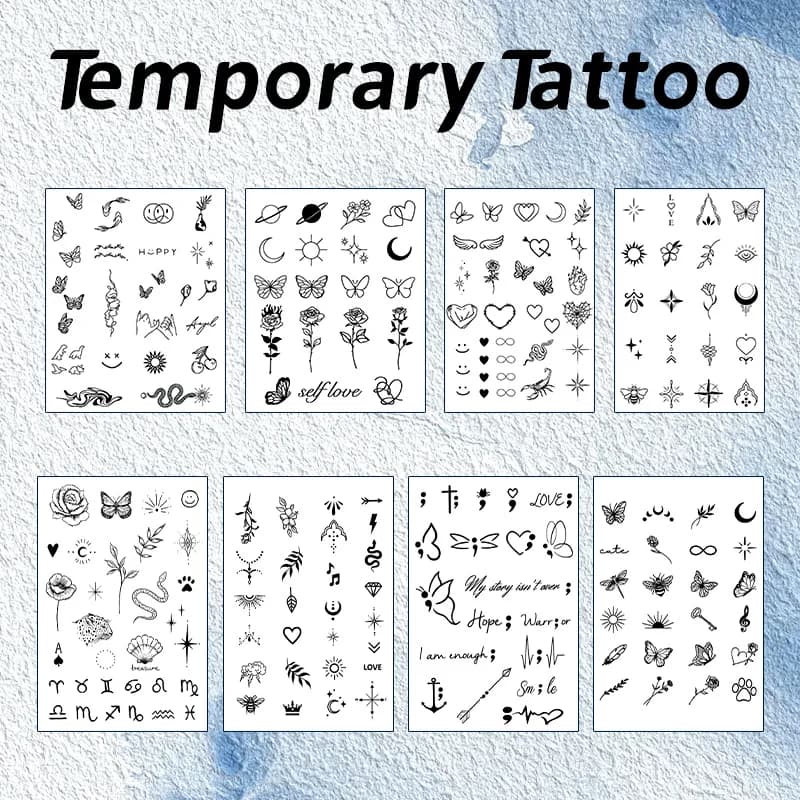 Adesivi per tatuaggi temporanei impermeabili con piccoli modelli, impermeabili a lunga durata per uno a due settimane, tatuaggi con le dita per le donne.