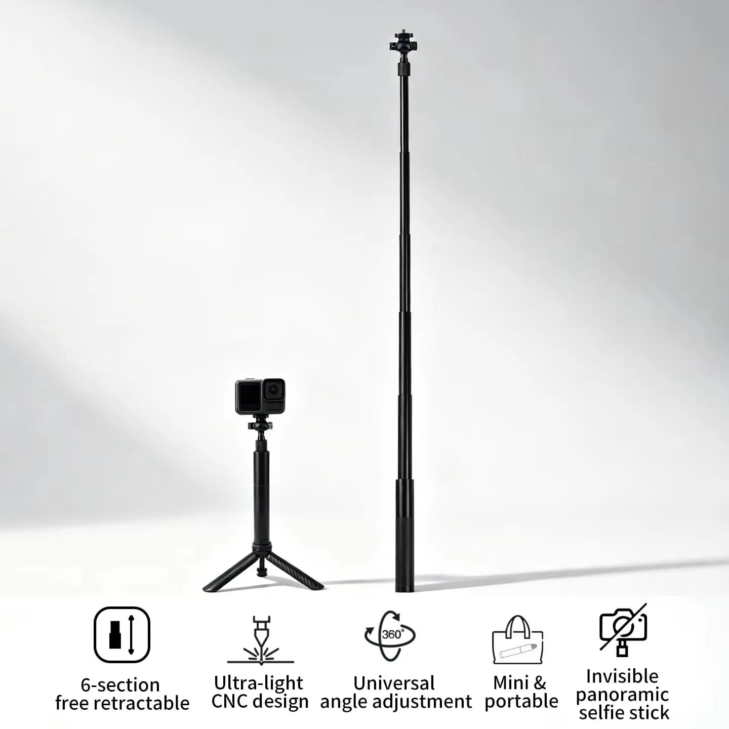 6 Section Retractable 0.7m Invisible Selfie Stick Panoramic Camera Aluminum Monopod for GoPro Insta360 X5 DJI Osmo 360 Action