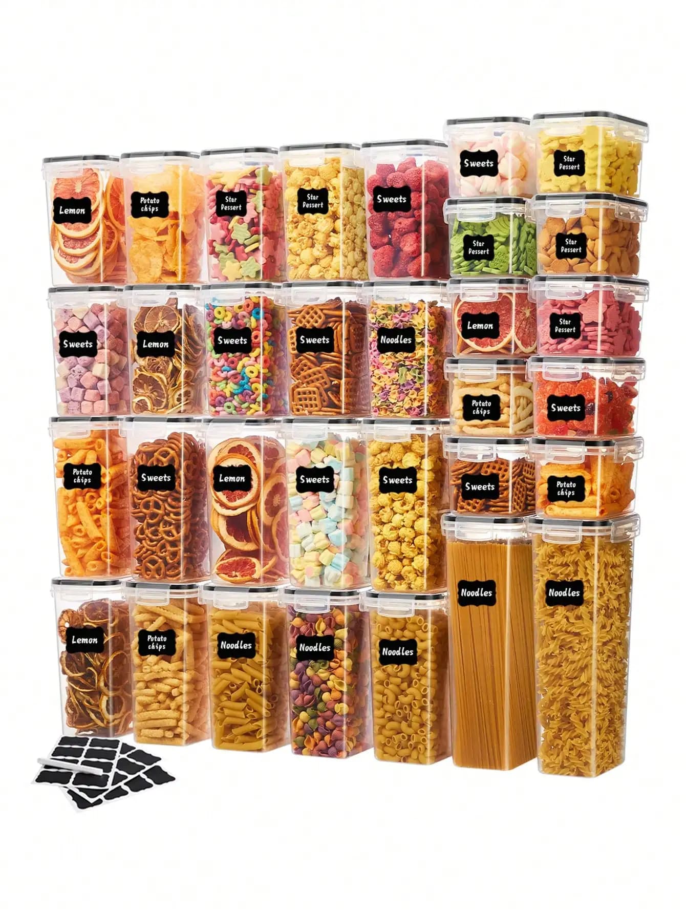 24pcs Airtight Food Storage Containers Set with Labels & Marker, Plastic Canisters for Cereal, Flour, Sugar & Pasta, Pantry Organization Kit, Dishwasher Safe